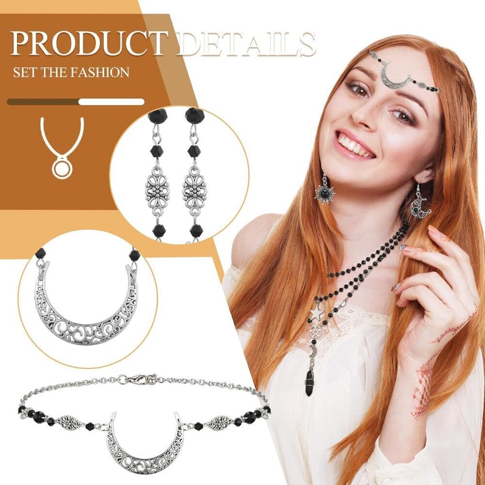 Gothic Sun Moon Jewelry Set Women Multilayer Choker Earrings Witch Costume - Picture 3 of 7